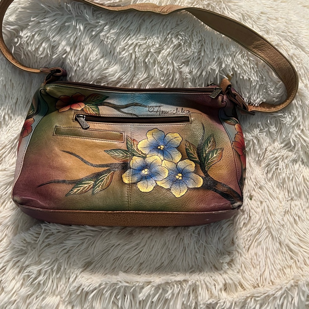 Anuschka Hand-Painted Multicolor Floral Leather Shoulder Bag Two For Joy